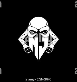 NJ Monogram ESport Gaming with Skull Mask Shape Style Vector Stock Vector