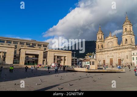 BOGOTA, COLOMBIA - SEPTEMBER 23, 2015: Bolivar square in the center of Bogota. Cathedral and the Justice Palace also present. Stock Photo