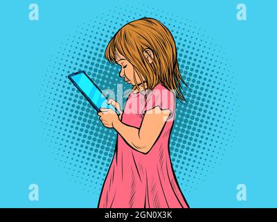 a little girl uses a smartphone. Electronic gadgets and children Stock Vector