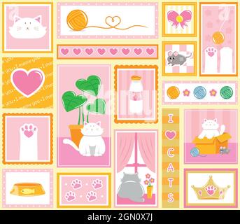 Nice white cat's lifestyle pattern Stock Vector