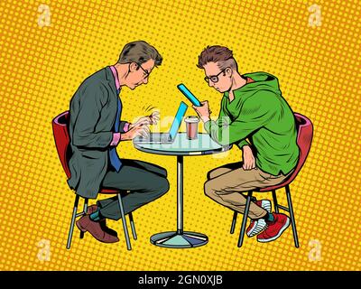 two men in a cafe are working on a laptop and a smartphone. Freelance in a restaurant Stock Vector