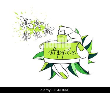Green perfume sprinkling with flowers in a female hand with green manicure on a background of leaves. Vector illustration. Stock Vector