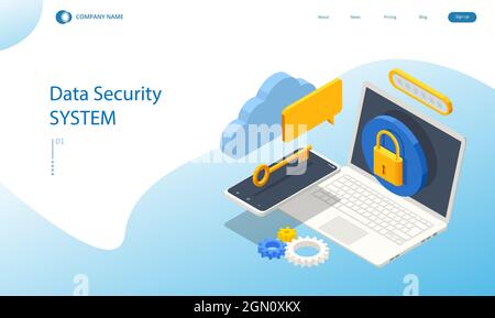 Isometric personal data protection web banner concept. Cyber security and privacy. Traffic Encryption, VPN, Privacy Protection Antivirus. Stock Vector