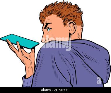 a man is talking on a smartphone on a speakerphone, holding the phone horizontally Stock Vector