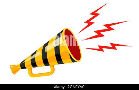 Vector vintage striped megaphone on isolated background. Vintage yellow megaphone with black lines. Stock Vector