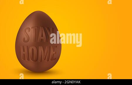 Vector chocolate egg for Easter with text stay home. Vector illustration of a Chocolate egg with text stay home for Easter. Vector egg on yellow backg Stock Vector