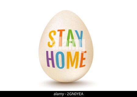 Vector white egg for Easter with text stay home on isolated background. Vector illustration of a white egg with text stay home for Easter. Vector egg Stock Vector