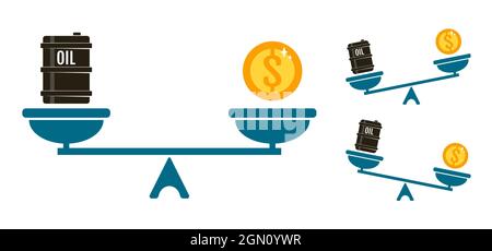 Vector set icons of a scale with barrel of oil and money. Vector illustration of a balance beetween money and barrel of oil. Coin, oil and scale. Stock Vector