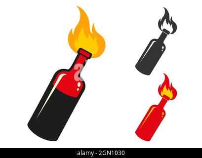 Vector set icons of cocktail Molotov. Vector illustration of bottle on fire. Protest. Stock Vector