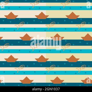 Sea concept seamless pattern. Geometric shapes of fish, ship, wave stripes in blue, orange colors. White, yellow easy editable color background Stock Vector