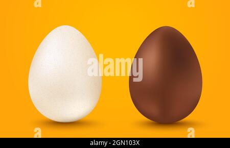 Vector set two eggs for Easter. White and chocolate eggs for Easter on yellow background. Vector egg. Stock Vector