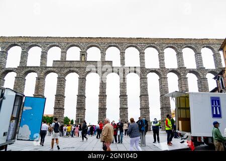 SEGOVIA SPAIN - SEPTEMBER 21, 2021. Aqueduct of Segovia. Ancient Roman aqueduct in the Plaza del Azoguejo and old construction cities in Segovia. Stock Photo