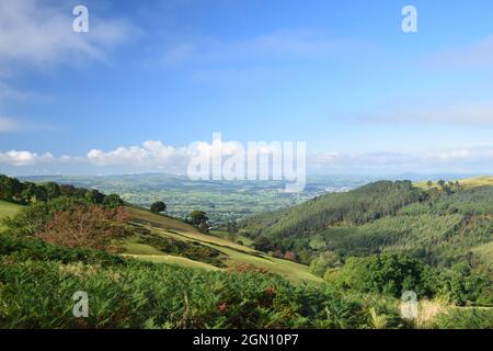 Rolling hillsides and the vale of Clwyd viewed from Offa's dyke trail within the Clwydian range of hills. Stock Photo