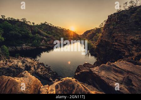 Edith Falls in Nitmiluk National Park; Kathrine; Northern Territory; Australia; Oceania; Waterfall at sunset; In the middle of the outback in Australi