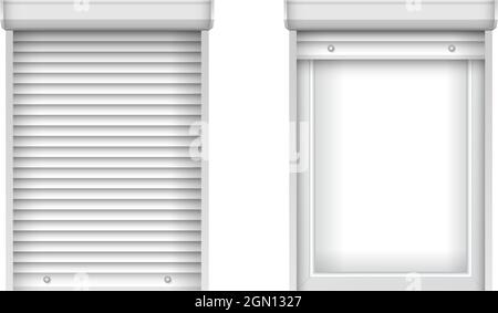 White single plastic windows with blinds. Closed and open jalousie for PVC windows. Realistic window mockup for interior decoration design. Stock Vector