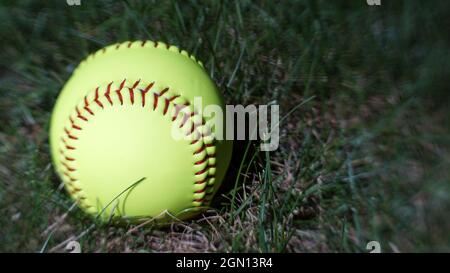 Yellow softball in the grass with copy space on the side Stock Photo