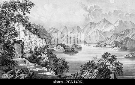 A view of Upper Lake in the Killarney National Park, possibly the most scenic lake of Killarney National Park with picturesque views over the MacGillcuddy’s Reeks mountain range.  Created circa 1867 by an anonymous artist.