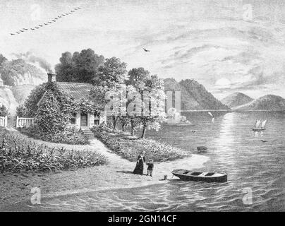 A view of an Irish  lakeside thatched cottage. Created circa 1878 by American artist, Herman Bencke; its title is 'Francis Murphy's home in Ireland'.