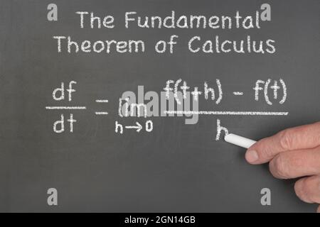A professor completes writing out a fundamental theorem of calculus formula on a blackboard, a common mathematical equation taught in school today. Stock Photo