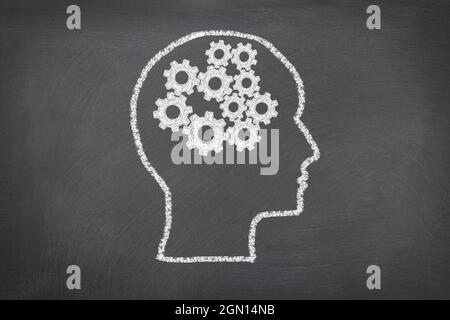 A chalk sketch on a blackboard of a human head and gears that represent thought, for use as any science theme or consideration of how humans think. Stock Photo