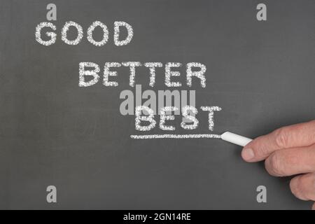 Teacher illustrates that students must always strive for the best option over good and better as decision making is taught in schools. Stock Photo