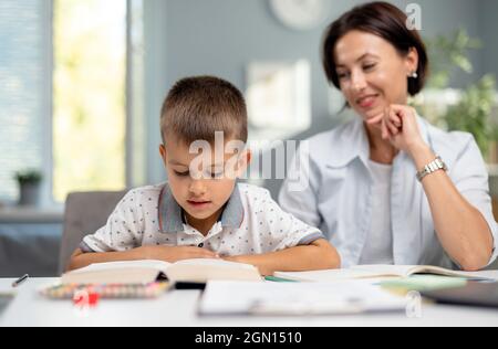 Boy studying with mother Stock Photo