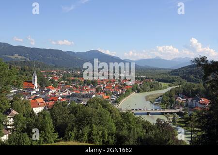 View from Kalvarienberg to Isar and Bad Toelz, Isarwinkel, Upper Bavaria, Bavaria, Germany Stock Photo