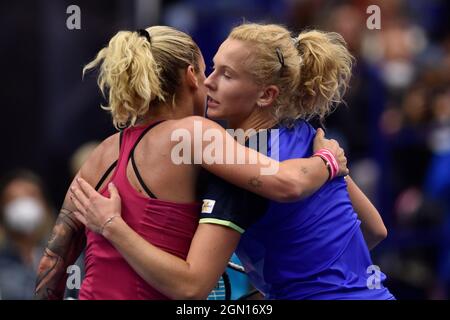 Ostrava, Czech Republic. 21st Sep, 2021. Czech Tereza Martincova (left) greets Katerina Siniakova of Czech Republic after the match during the J&T Banka Ostrava Open 2021 women's WTA indoor tennis tournament in Ostrava, Czech Republic, September 21, 2021. Credit: Jaroslav Ozana/CTK Photo/Alamy Live News Stock Photo