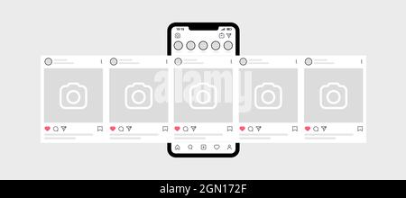 Kyiv, Ukraine - August 1, 2021: Interface carousel post as Instagram mockup template. Instagram carousel post with smartphone. Social network ads Stock Vector