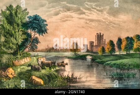 A 19th century sketch  created circa 1880 by an anonymous artist of cattle beside a river and castle created circa 1880 by an anonymous artist and entitled 'A Scene in Old Ireland'. N.B. The location is not identified, but while I can't be definitive, the view bears a striking similarity to the River Boyne as it flows passed Trim Castle in County Meath.