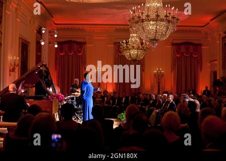 Dianne Reeves performs in the East Room of the White House during the National Governors Association Dinner, Sunday, Feb. 26, 2012. (Official White House Photo by Pete Souza) This official White House photograph is being made available only for publication by news organizations and/or for personal use printing by the subject(s) of the photograph. The photograph may not be manipulated in any way and may not be used in commercial or political materials, advertisements, emails, products, promotions that in any way suggests approval or endorsement of the President, the First Family, or the White H Stock Photo