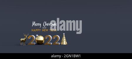 Merry Christmas and Happy New Year 2022 greeting card. Black background with copy space 3d render 3d illustration