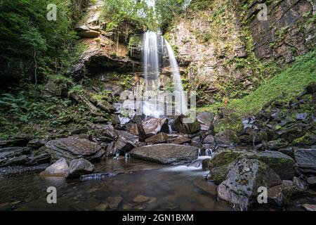 Melincourt Falls, Resolven, Vale of Neath, Port Talbot, South Wales, the United Kingdom. Beautiful Welsh waterfall Stock Photo