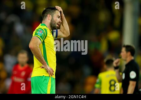 Carrow Road, Norwich, UK. 21st Sep, 2021. EFL Cup Footballl Norwich City versus Liverpool; A dejected looking Grant Hanley of Norwich City after the 0-3 loss Credit: Action Plus Sports/Alamy Live News Stock Photo