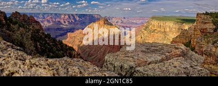 Coronado Butte and Sinking Ship viewed from the east cliffs of Buggeln Hill on the south rim of the Grand Canyon Arizona. Stock Photo