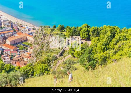 9th century temple of Diana, megalithic structure on slope of Rocca, Cefalu, Sicily, Italy Stock Photo