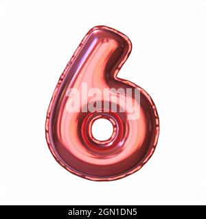 Red metallic balloon font Number 6 SIX 3D rendering illustration isolated on white background Stock Photo