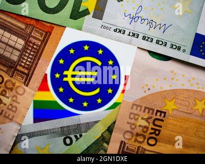 Ukraine. 21st Sep, 2021. In this photo illustration, European Central Bank (ECB) logo seen displayed on a smartphone and banknotes in the background. Credit: SOPA Images Limited/Alamy Live News Stock Photo