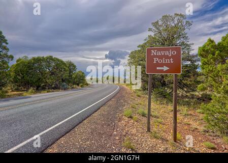 Road sign pointing the way to Navajo Point in Grand Canyon Arizona. Stock Photo