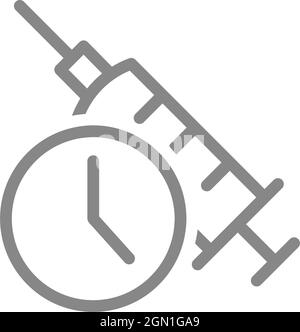 Medical syringe and watch line icon. Vaccination time, injection, worldwide immunity symbol Stock Vector
