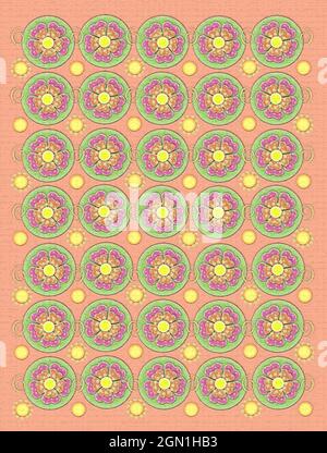 Background is soft peach with texture.  Circles are decorated with flower and yellow swirls.  Flowers are polka dotted.  Small yellow dots are circled Stock Photo
