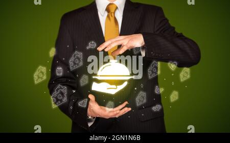 Hand holding food related icons Stock Photo