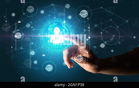 Businessman hand pressing stock graphic information on multitouch screen Stock Photo