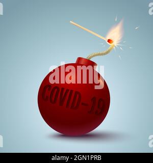 Vector illustration of a bomb with text og covid-19 and match in fire and sparks. Bomb with coronavirus and match. Stock Vector