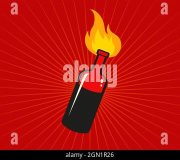 Vector icon of coctail Molotov on red background. Vector illustration of bottle on fire. Protest. Stock Vector
