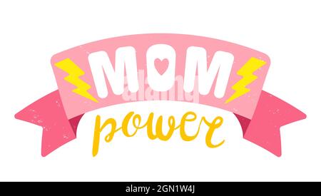 Vector vintage logo with pink ribbon for Mother day. Retro emblem for Mom. Poster of mom power with pink ribbon for Mother day. Stock Vector