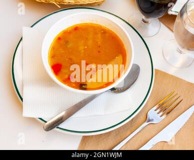 Stewed lentils with sausages, spanish Riojan lentils Stock Photo