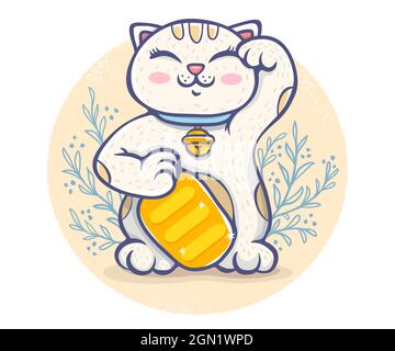 Vector poster with lucky cat. Neko on beige background with plants. Vector kawaii lucky cat. Stock Vector
