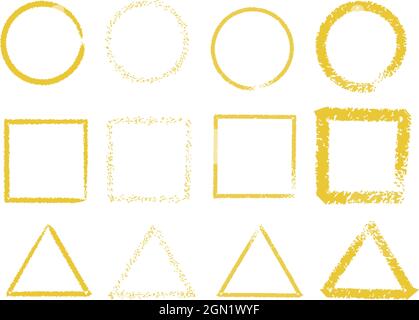 Graphic shapes - circle, square and triangle on white background. Abstract golden elements. Geometric gold seamless pattern for design prints Stock Vector