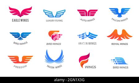 Collection of wings logos, icons and symbols. Fast delivery, motion and speed concept. Stock Vector